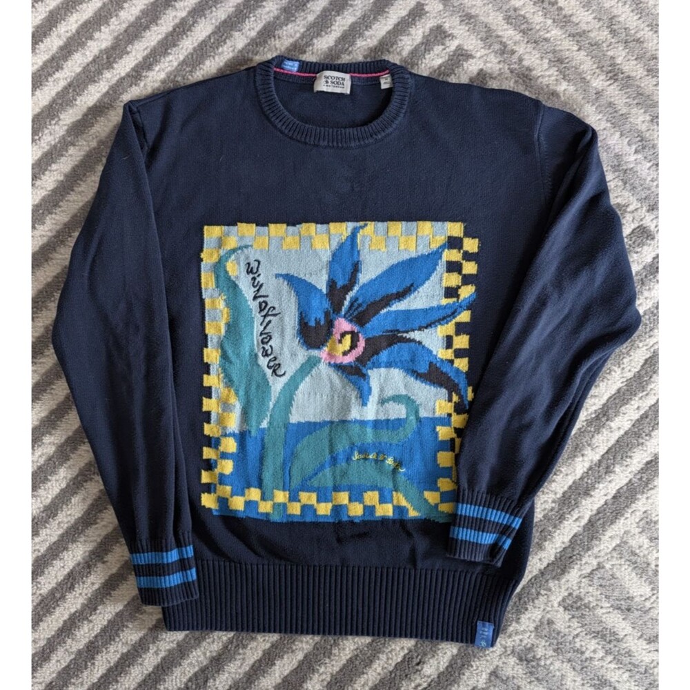 Scotch & Soda Intarsia Artwork Wild Flower Navy Knit Organic Pullover Sweater M